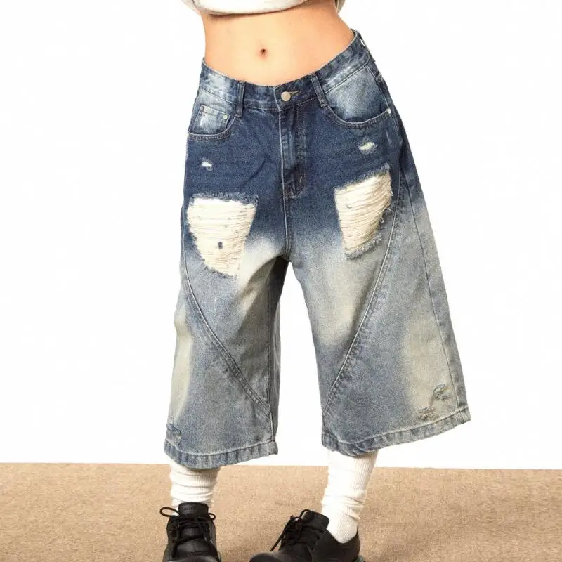 

New Arrival Women Denim Shorts In Vintage Style Gradient Hole High Waist Wide Leg Korean Fashion Washed Capris
