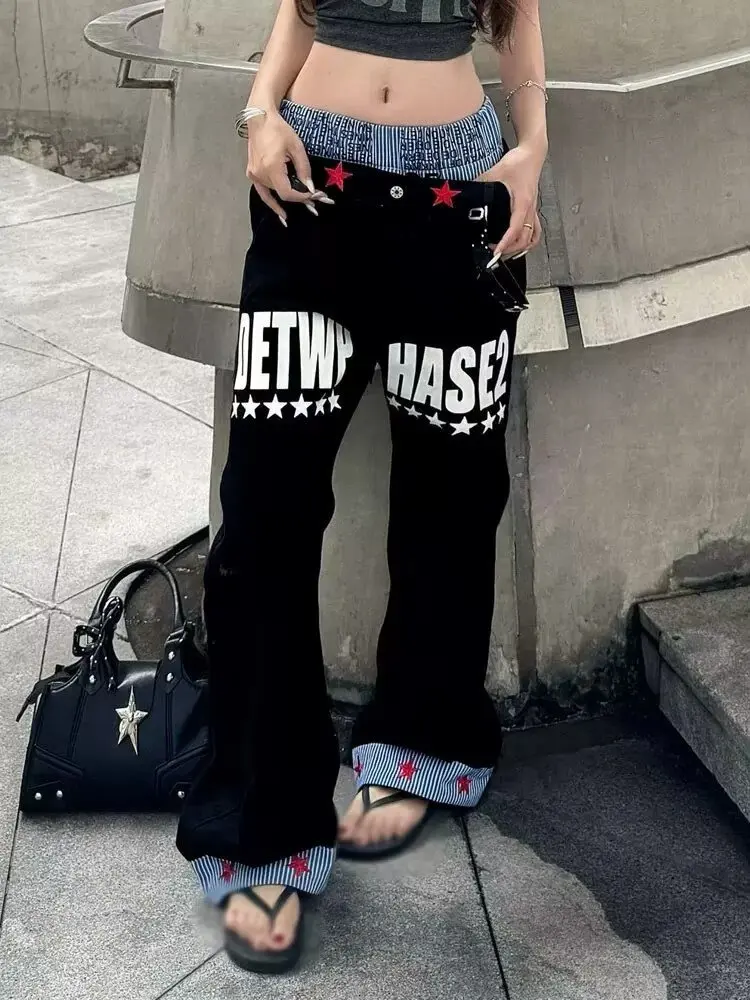 Women's Black Gothic Y2k Baggy Jeans Japanese 2000s Style Hip Hop Vintage Wide Leg Denim Trousers Oversize Jeans Pants