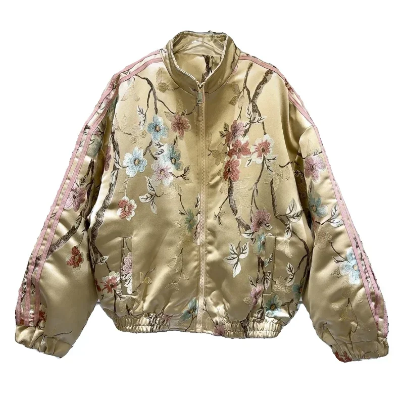 Winter Retro Flowers Printed Contrast Satin Jacket Cotton Padded Faux Silk Parkas Coat Zipper Quilted Cardigan Stand Collar Tops