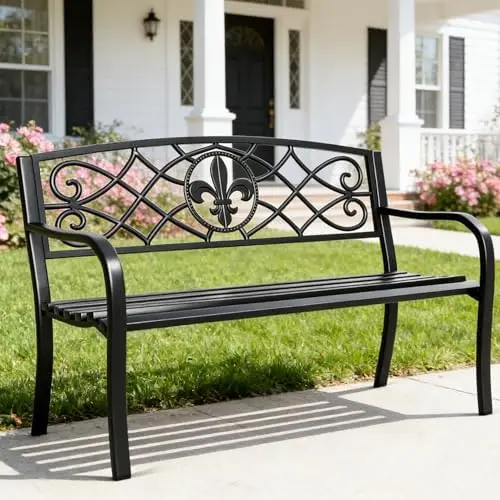 50 Inches Outdoor Bench Park Patio Furniture Garden Bench Seating | Fleur de Lis Pattern Backrest Weatherproof
