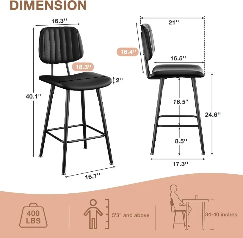 Bar Stools Set of 4, 24.6 Inch Counter Height Barstools, High Backrest Faux Leather Upholstered Counter Stools with Armless Foot