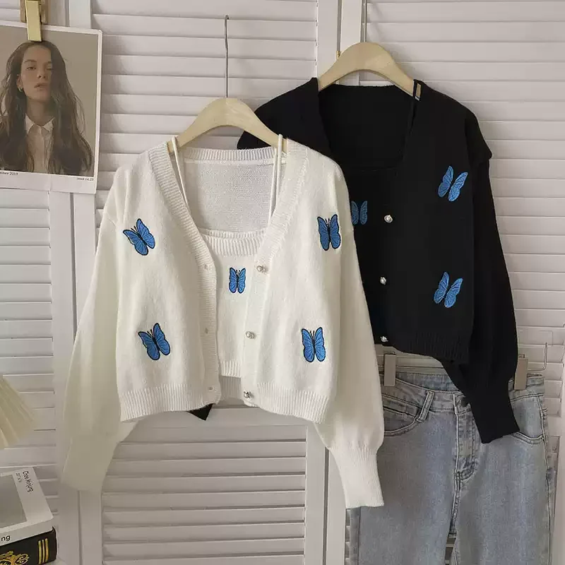 Vintage Butterfly kardigan bordir Sweater musim semi musim gugur Korea mantel serbaguna Tank Top lengan panjang rajutan dua potong Set