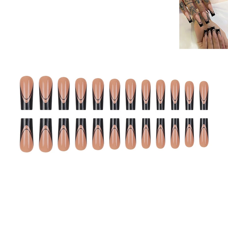 Faux ongles longs en forme de cercueil pour filles épicées, 24 pièces, noirs, français, à pression, couleur chair, portables, en acrylique, pour manucure à faire soi-même