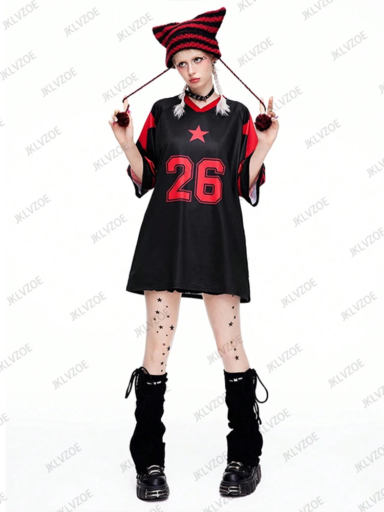 Oversized T-shirt For Women V-Neck Short Sleeve 2025 Summer New Red Patchwork Streetwear Tops Casual Football Jersey Y2k Tees