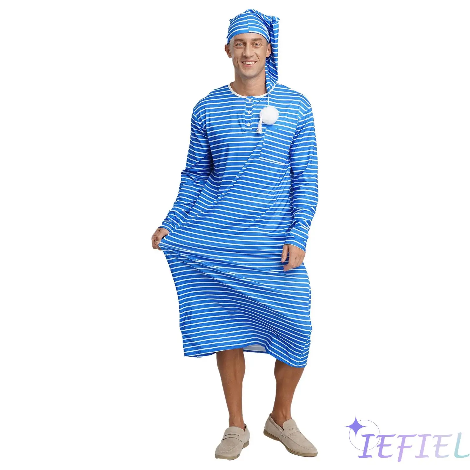 

Mens Striped Sleep Robe And Hat Long Sleeve Crew Neck Loose Pajamas Dress Gown Comfortable Loungewear Homewear Christmas