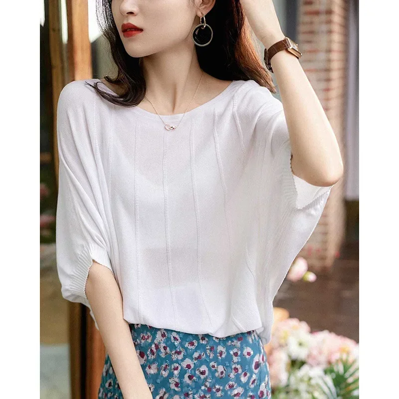 Fashion Solid Color Knitted Asymmetrical Blouse Women's Clothing 2023 Summer New Casual Pullovers Batwing Sleeve Korean Shirt