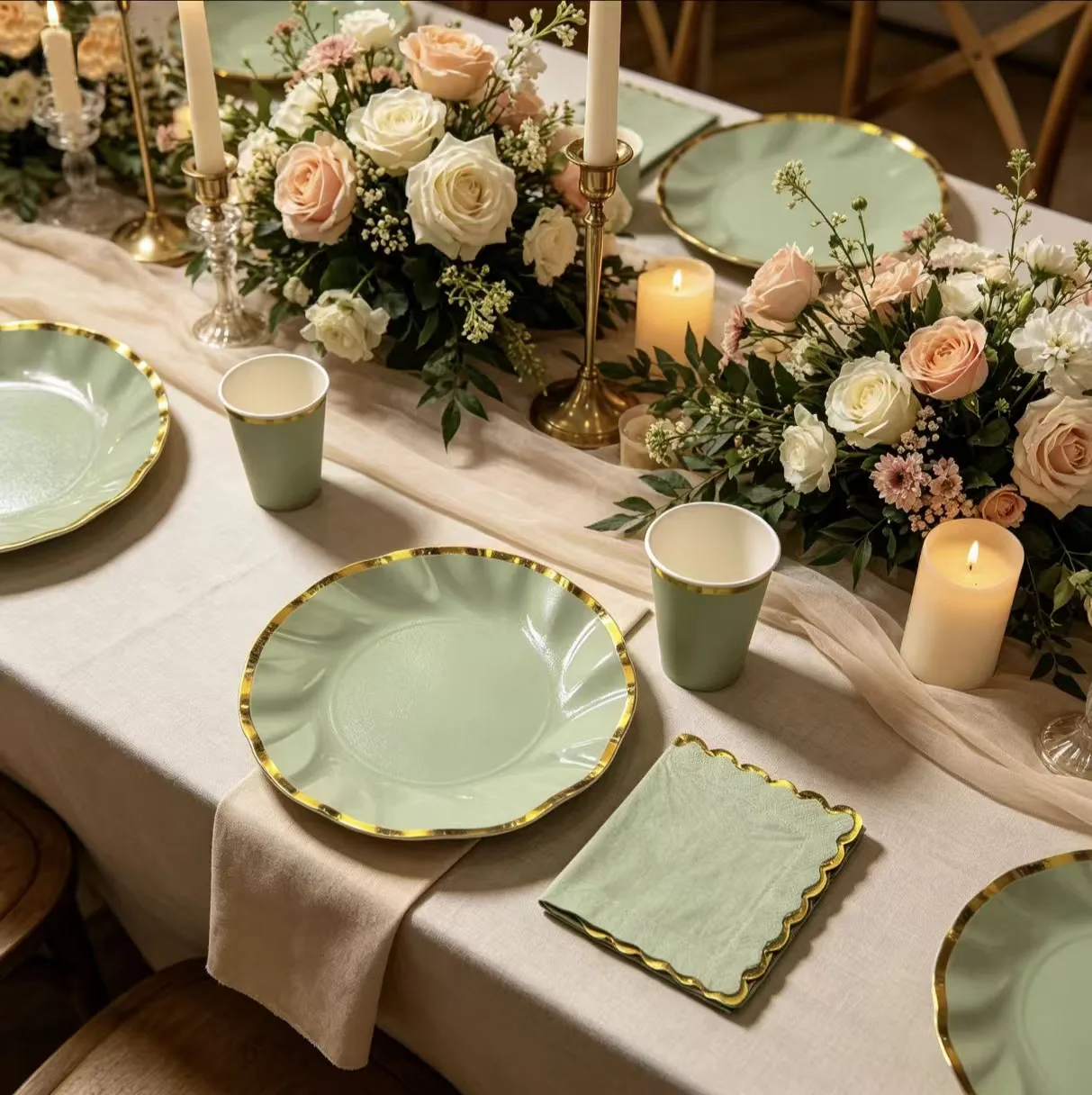 Green Gold Border Biodegradable Tableware Set Plates Cups Napkins Wedding Decoration Birthday Party Family Gathering Baby Shower