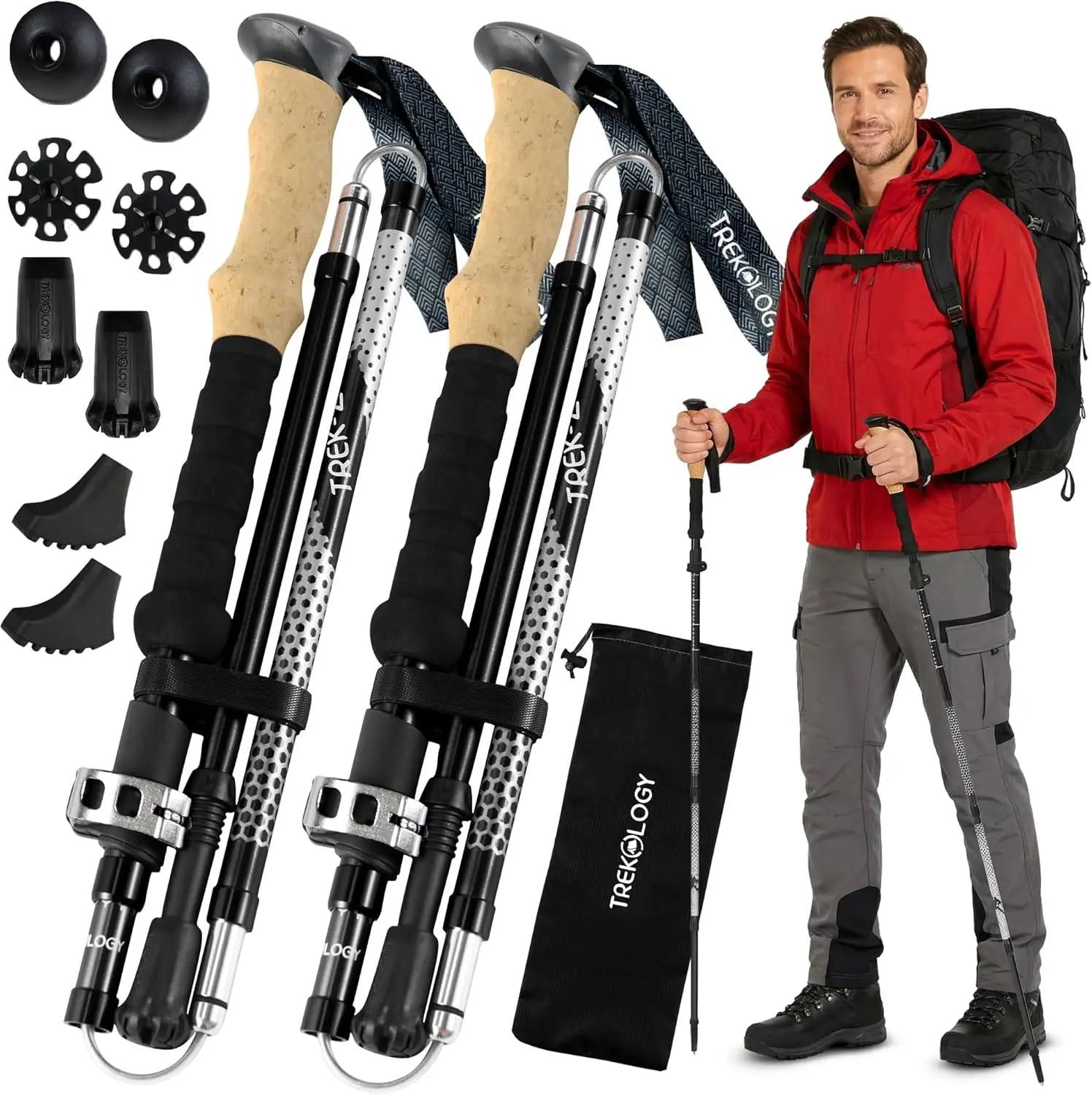 

Collapsible Hiking & Trekking Poles - Adjustable 100-135cm for Heights 4'11" to 6'5" - Perfect Size Selection