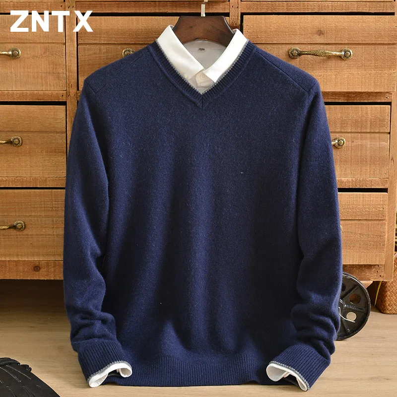 ZNTX Pure cashmere sweater men's V-neck business casual winter thickened thermal pullover knit sweater middle-aged pullover