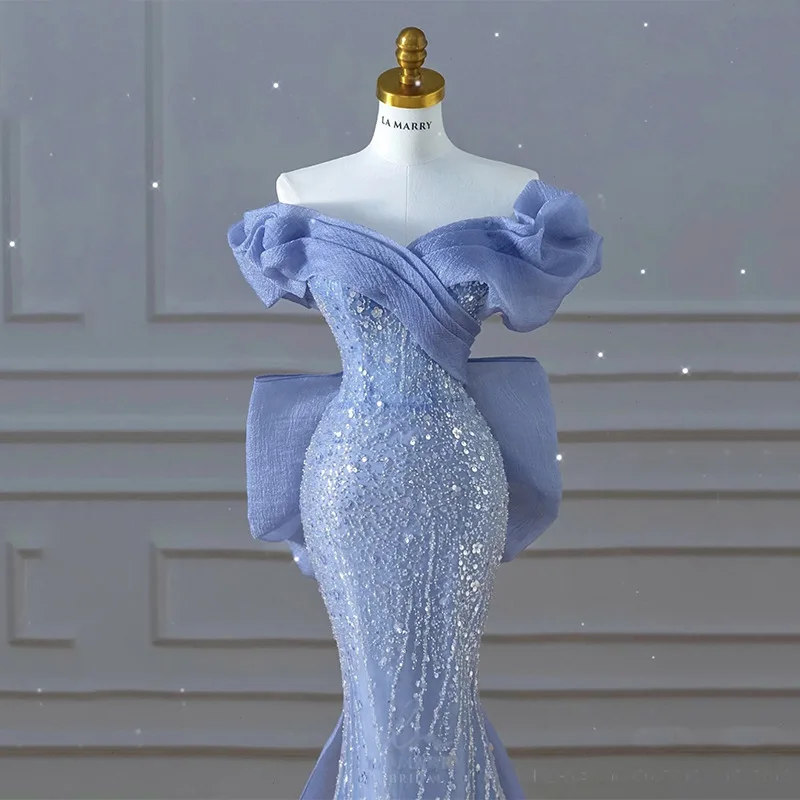 Robe de Rhplissée à sequins avec col oblique patchwork, haut précieux, bleu, perle, poignées de sirène, nœud amovible, robe de soirée de luxe