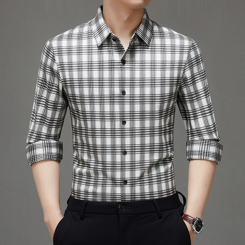 

Effortless Men Black White Plaid Shirts Timeless Sophistication Turn Down Collar Basic Tops Smart Casual Essential Collection