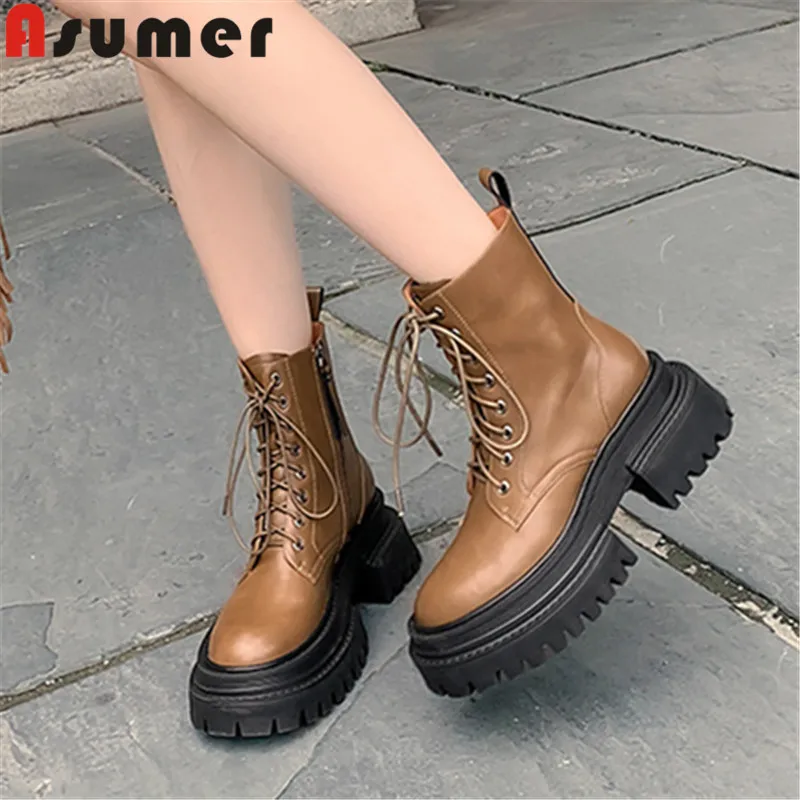 

ASUMER 2024 New Zipper Thick High Heels Platform Shoes Genuine Leather Women Boots Winter Autumn Ladies Ankle Boots