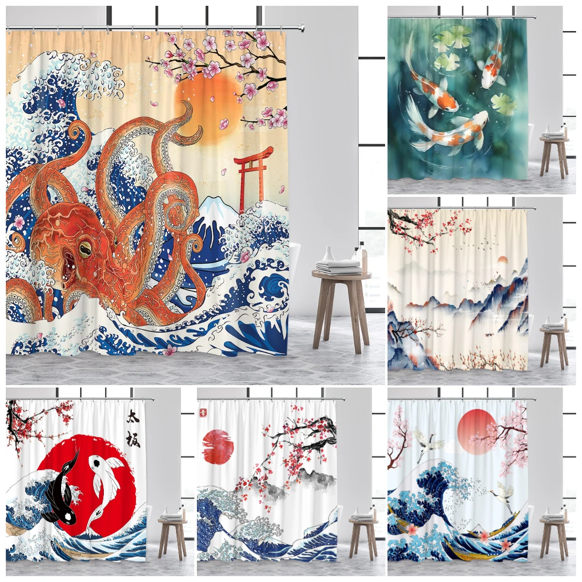 

Japanese Style Shower Curtain Octopus Koi Fish Sea Waves Cherry Blossom Abstract Mountain Ink Art Curtains Fabric Bathroom Decor