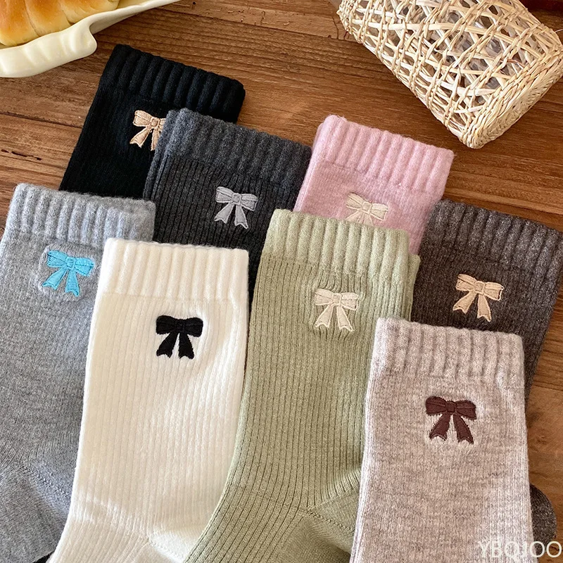 8 pairs Women's autumn winter Fashionable Versatile mid length socks new thickened warm socks butterfly print  stacked socks