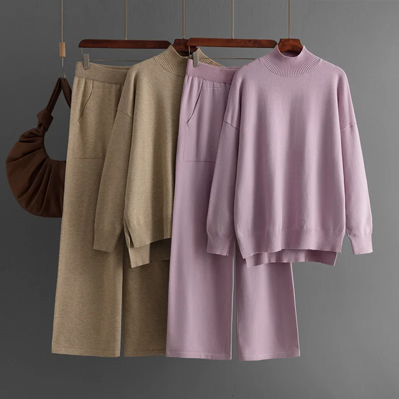 Moda Autunno Maglione Due Pezzi Vestito Delle Donne Allentato Caldo Solido Pullover Gamba Larga Pantaloni Lunghi 2025 Inverno Casual Set Lavorato A Maglia B839