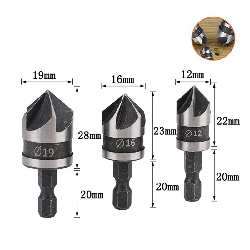 AC88 2 Sets 3pcs Hexagon Shank Five-for Edge Chamfering Tool 12/16/19mm, 90 Degree Countersink Hole Opener for Wood