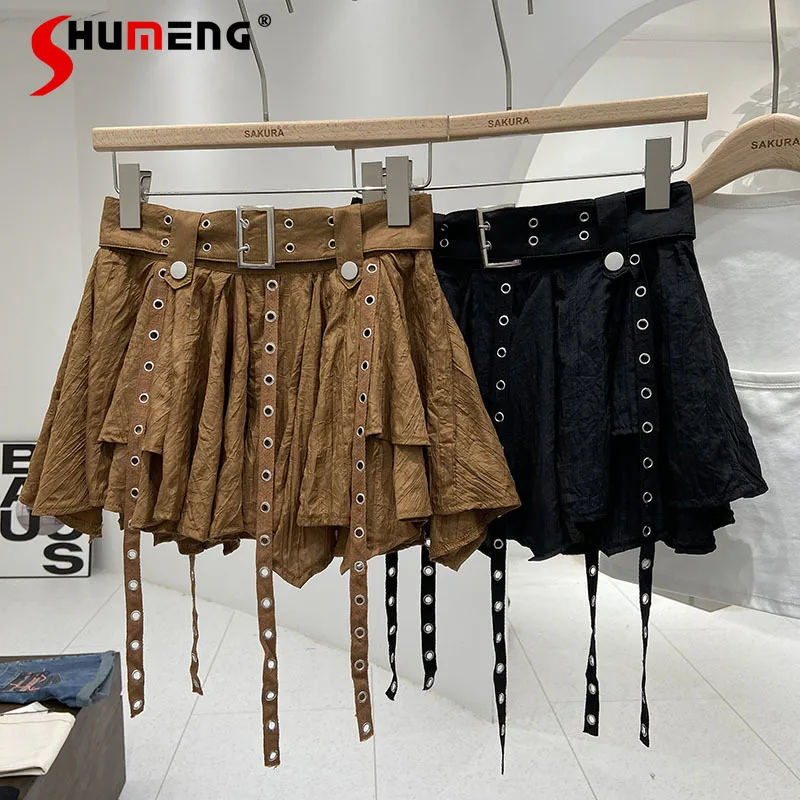 

Short Irregular Skirt Khski Skirt Women 2023 Autumn Temperament Slimming Ribbon A- Line Pleated Bubble Skirts Femme Black Jupe