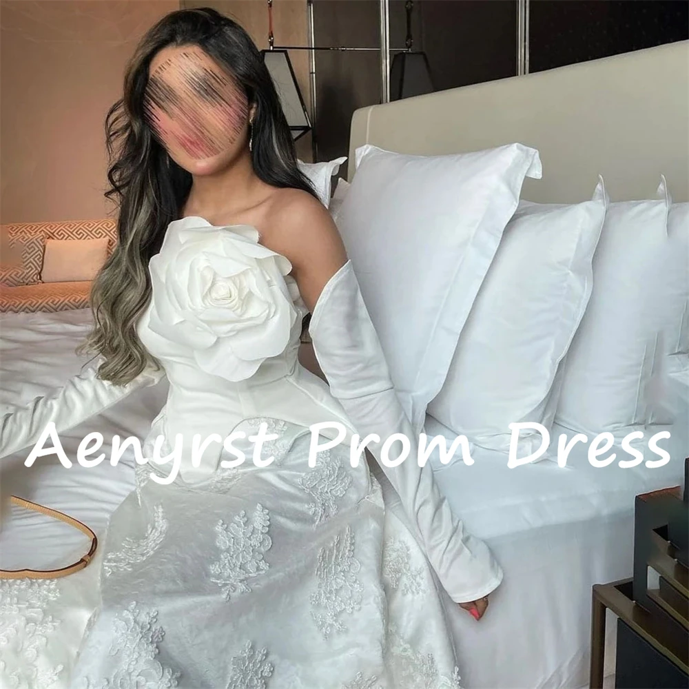 Aenyrst 3D Flowers Lace Strapless Dubai Prom Dresses A Line Long Sleeves Evening Gowns For Women Appliques Birthday Party Dress