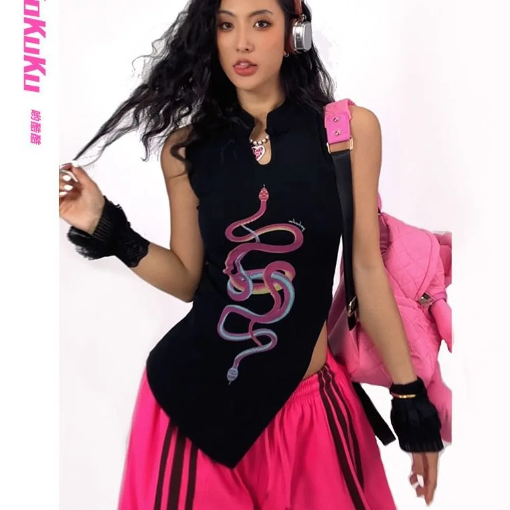 

Chinese Collar Top Snake Print Sleeveless Qipao Vest Oriental Dark Academia Summer Y2K Streetwear Unique Cultural Top