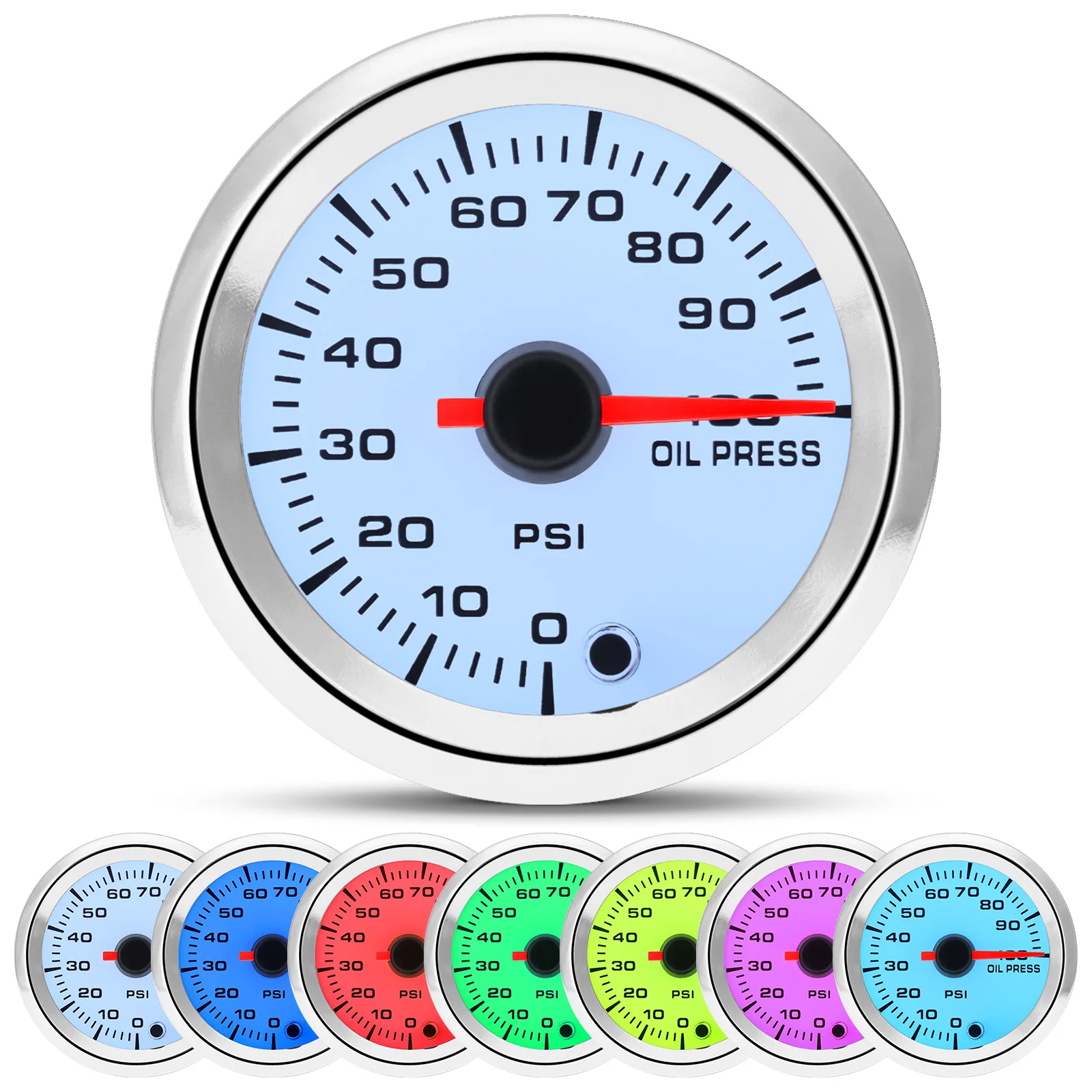 

2 "52 мм, 7 цветов, подсветка масла, манометр 0 ~ 100 фунтов на квадратный дюйм с датчиком масляного датчика 1/8 NPT, измеритель деталей салона автомобиля, шаговый двигатель 12 В