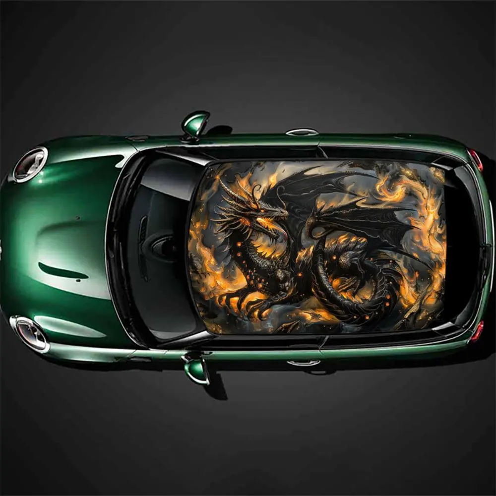 Black Dragon Burning Flames Car Roof Sticker Wrap Racing SUV Auto Accessories Packaging PVC Car Hood Graphic Decal Decor Gift