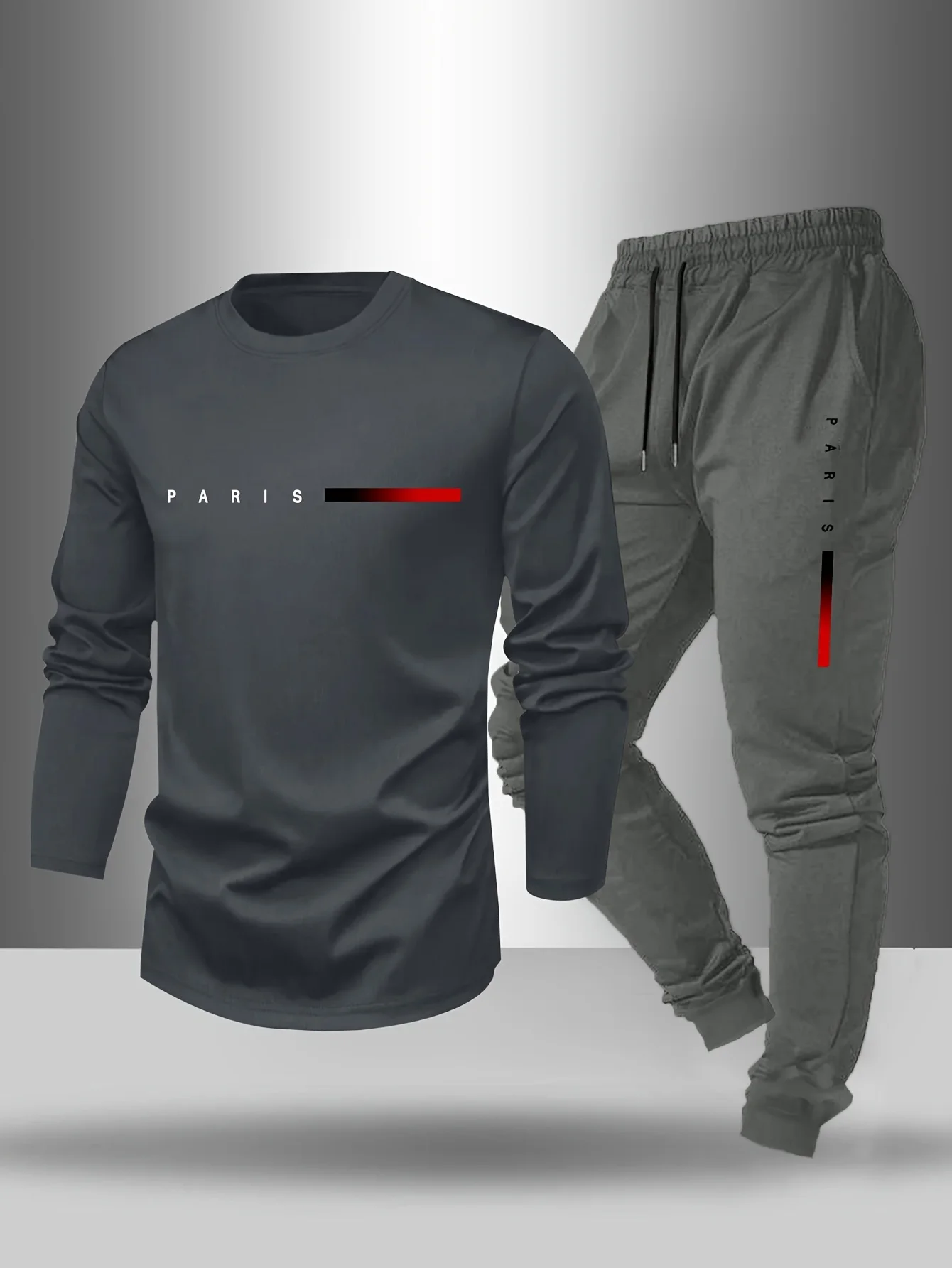 Men's Spring and Autumn Paris Letter Printed Round Neck Long Sleeved T-shirt Outdoor Casual Sports Pants Set 2-piece Set