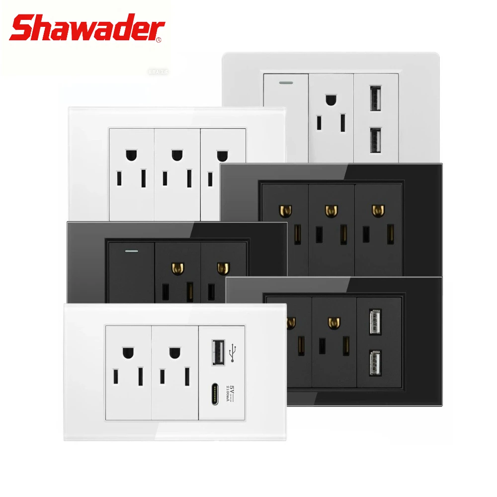 

Shawader США Настенная USB-розетка типа C Выключатель света Двухполюсная пластиковая и стеклянная панель Розетка Электрическая вилка для домашнего офиса