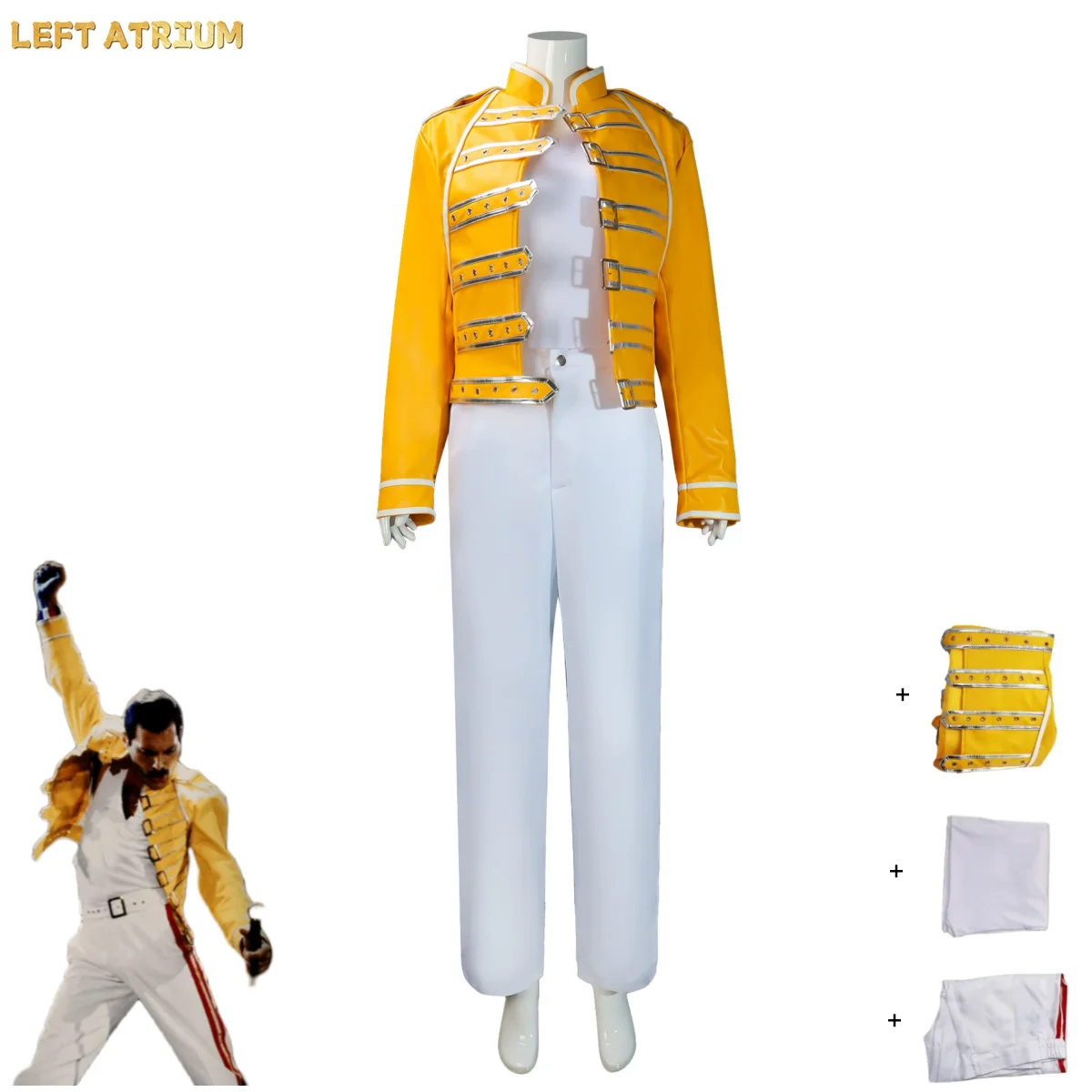 

Freddie Mercury Cosplay Costume Masquerade Ball Yellow Pu Coat Full Set Uniform Man Woman Carnival Suit