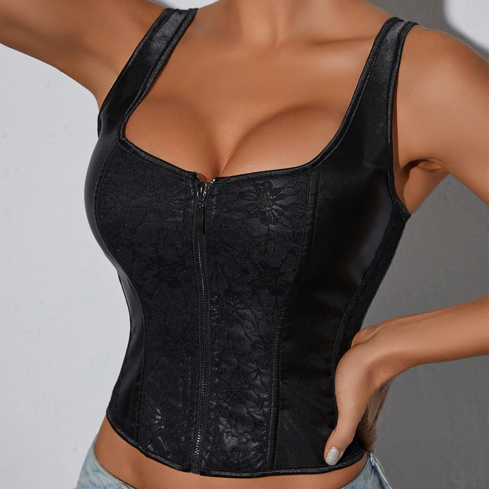 

Slim Fitted Vintage Corset Top with Zipper Women Overbust Bustier Gothic Brocade Bodyshaper Korset Shapewear Victorian Tank Tops