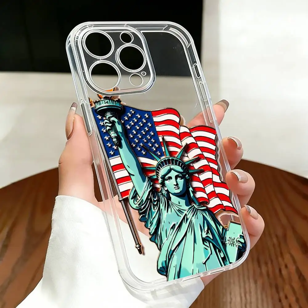 

Statue of Liberty A-American Flag Phone Case For iPhone 17 16 15 14 13 12 11 Mini Pro Max Plus Transparent Cover