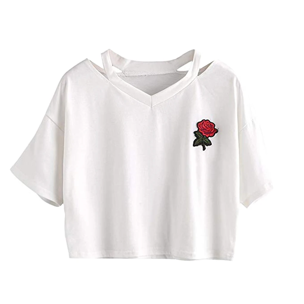 Frauen Sexy V-ausschnitt Gestickte Rose Kurze T-Shirt Damen Top Mädchen Bluse