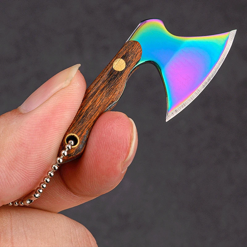 Mini 440 Stainless Steel Axe Hatchet Pocket Knife Keychain EDC Full Tang Wood Handle Gift with Sheath Keyring Box Cutter Tools