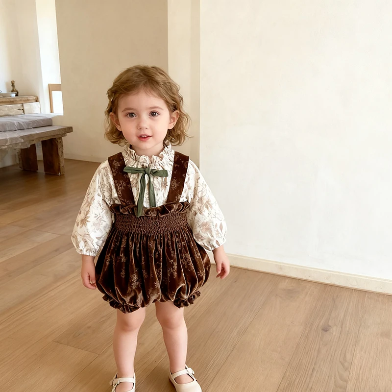 2026 New Spring Korean Style Children Clothes Long Sleeved Cotton Print T-shirt+Corduroy Jumpsuit Infant Baby Girls Clothing Set