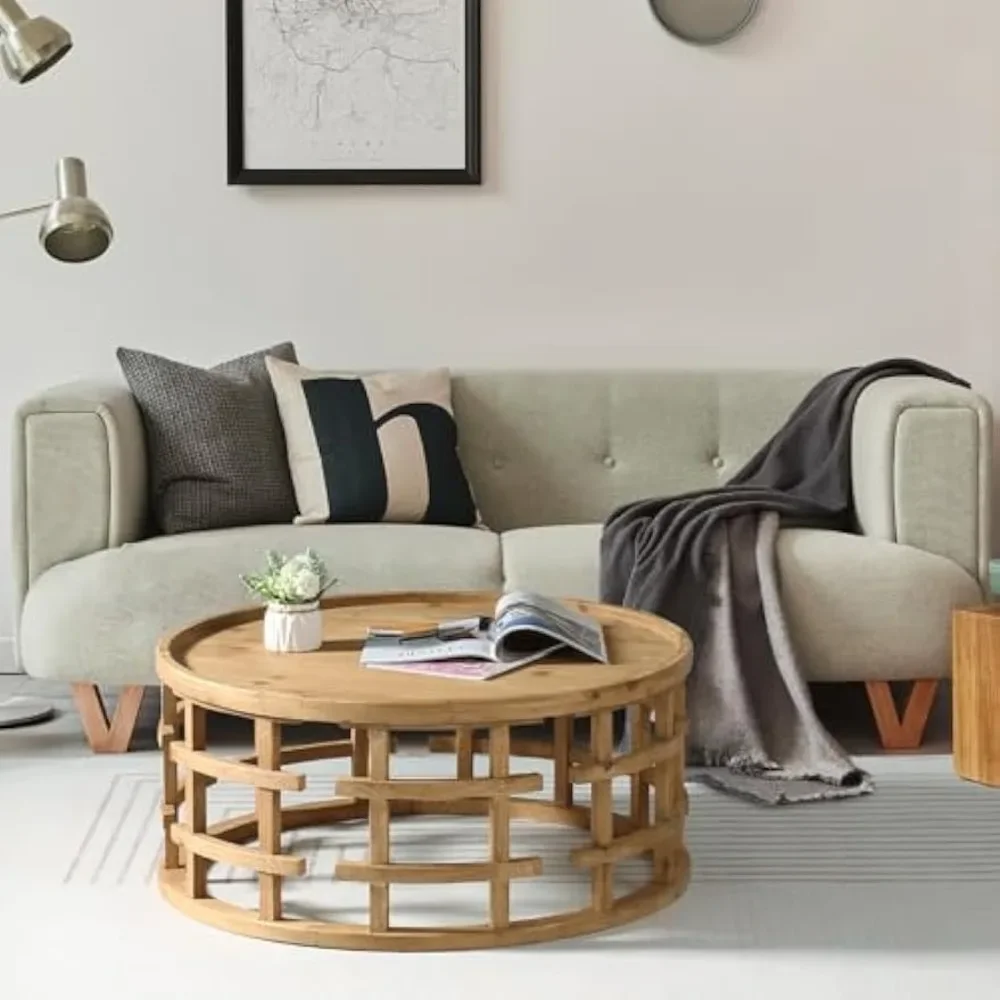 Farmhouse Round Coffee Table, French Country Sofa Tables,Rustic Solid Wood Finish w/ Openwork Pattern & Curved Base, Handcrafted