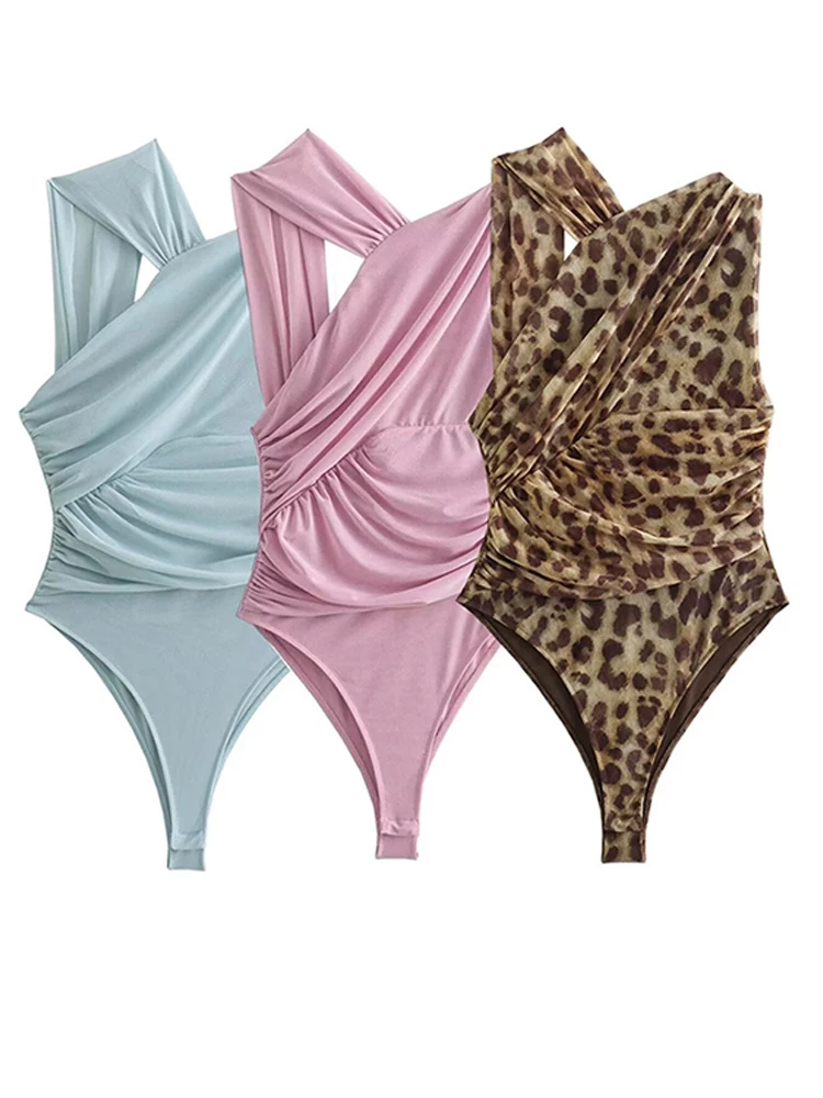 Frauen Bodysuit Leopard ärmellose Sex Rüschen Falten asymmetrische schlanke Stram pler Frauen 2024 Sommer Strand Overalls weibliche Bodys