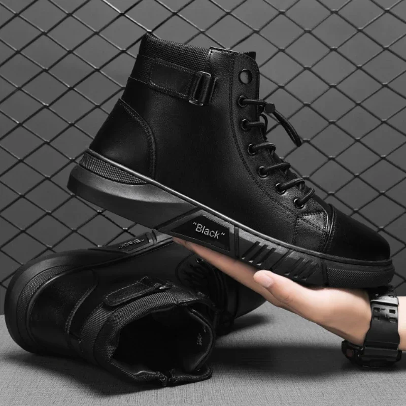 Bottes de moto en cuir à plateforme pour hommes, chaussures d'extérieur confortables, imperméables, haut, mode, 44