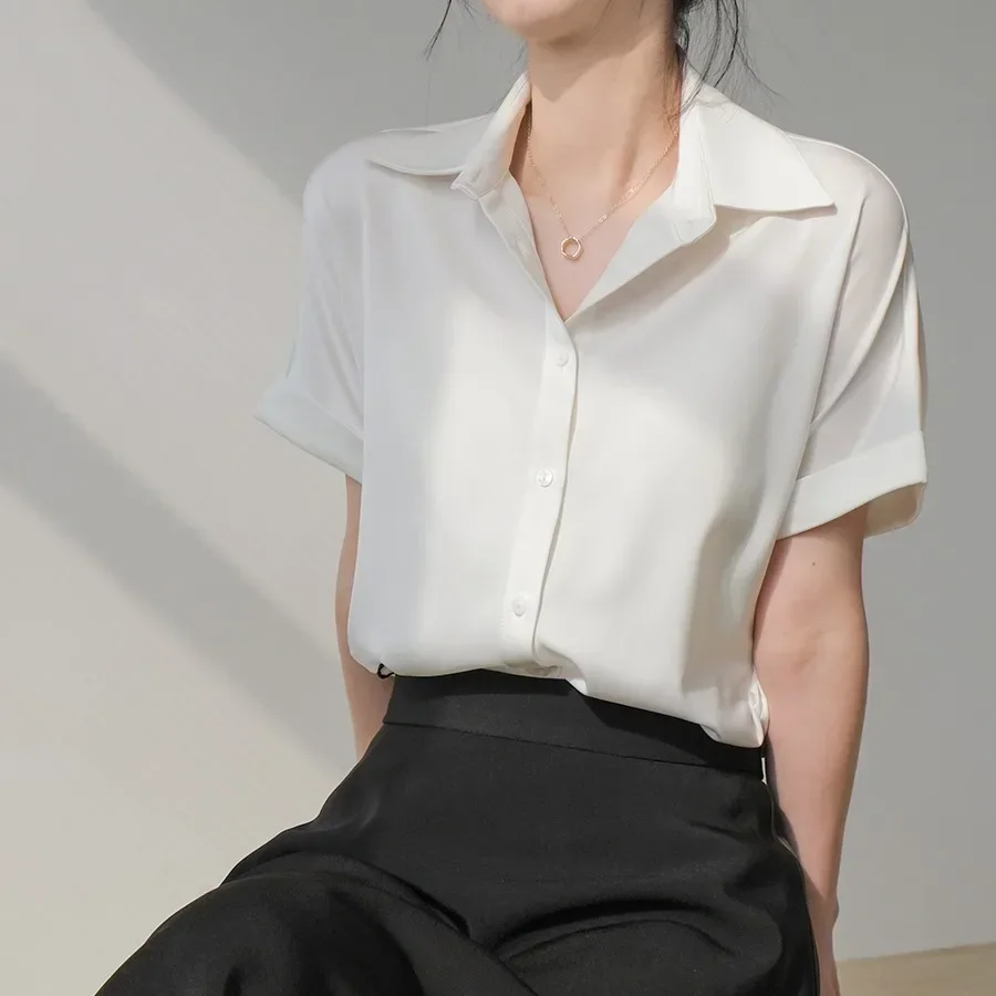 Women Satin Shirt Short Sleeve Summer Ladies Casual Loose Blouse Solid Color Female Single Breasted Tops Elegant Streetwear