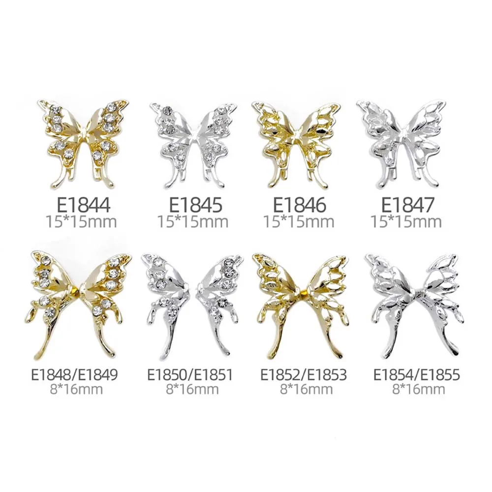 10Pcs Alloy Butterfly Wings Nail Parts Metal Half Butterfly Nail Art Charms Gold/Silver Hollow 3D Diamond Crystals Decorations