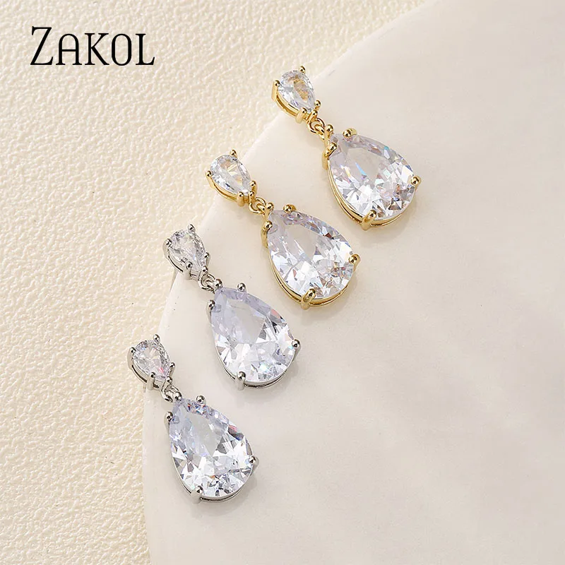 ZAKOL Shinny Water Drop Crystal Dangle Earrings for Women Bridal Wedding Dress Jewelry