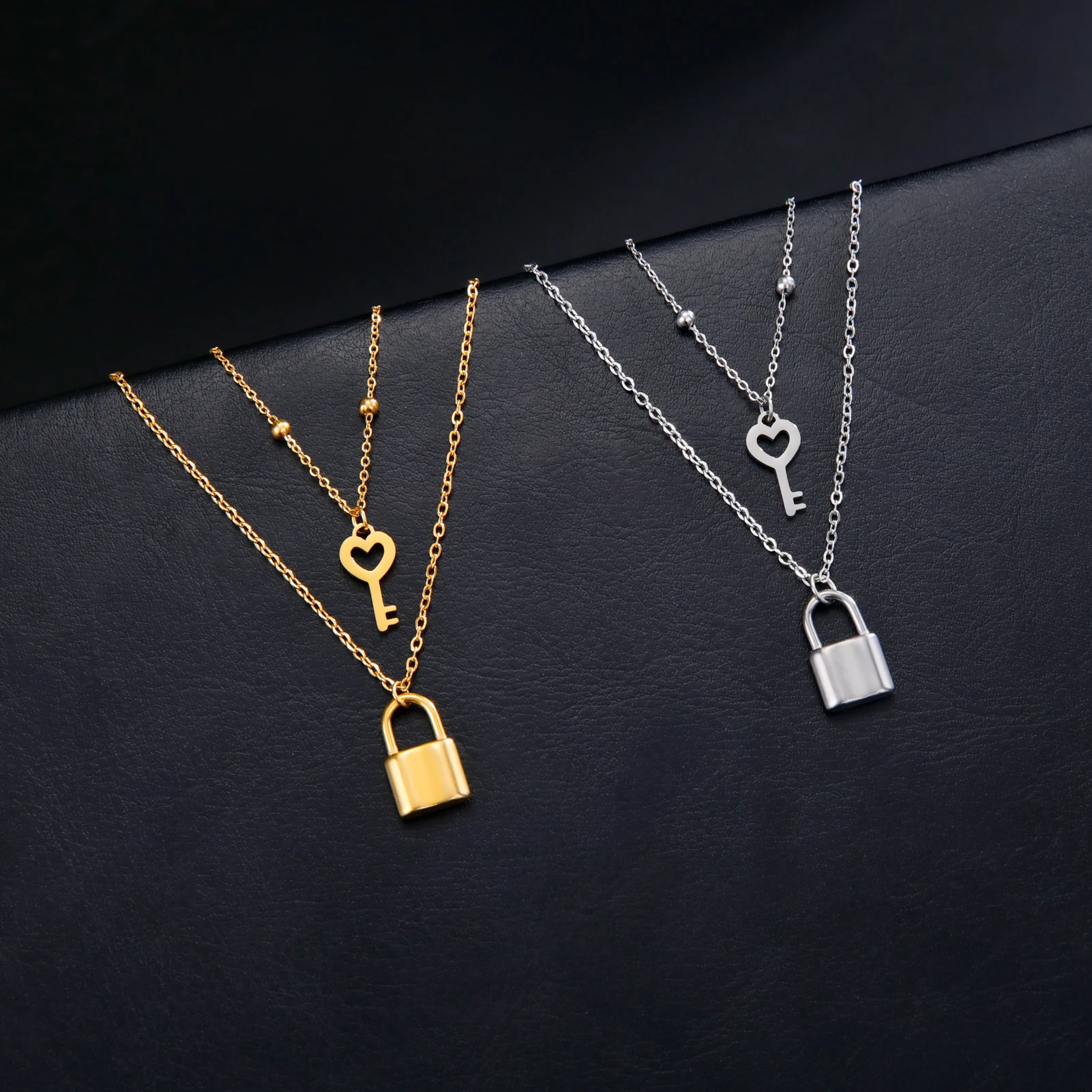 Skyrim Key Padlock Pendant Necklace Stainless Steel Gold Color Women Double Layer Chain Necklaces Trendy Jewelry Wedding Gifts