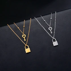 Skyrim Key Padlock Pendant Stainless Steel Necklace Gold Color Women Double Layer Chain Necklaces Trendy Jewelry Wedding Gifts