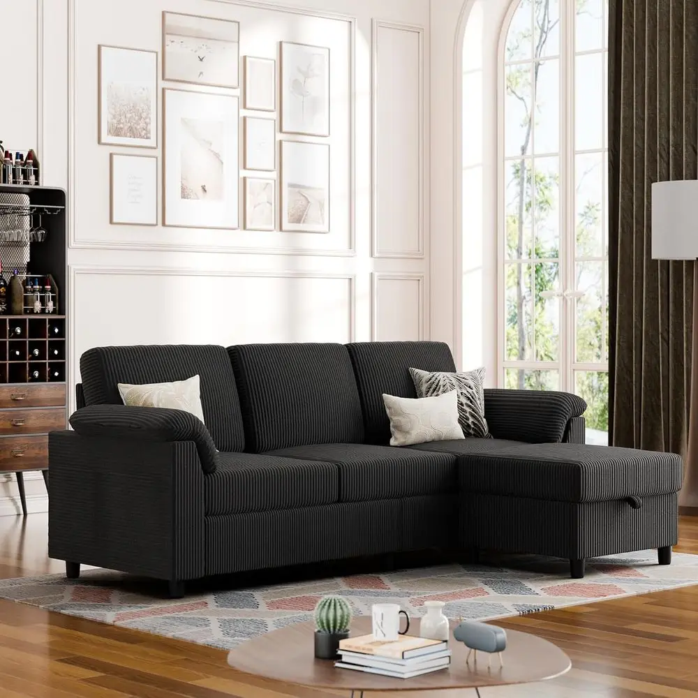 

3-Seat L-Shaped Convertible Sofa with Removable Pillows, Corduroy Fabric, Suitable for Small Living Rooms and Offices, Black