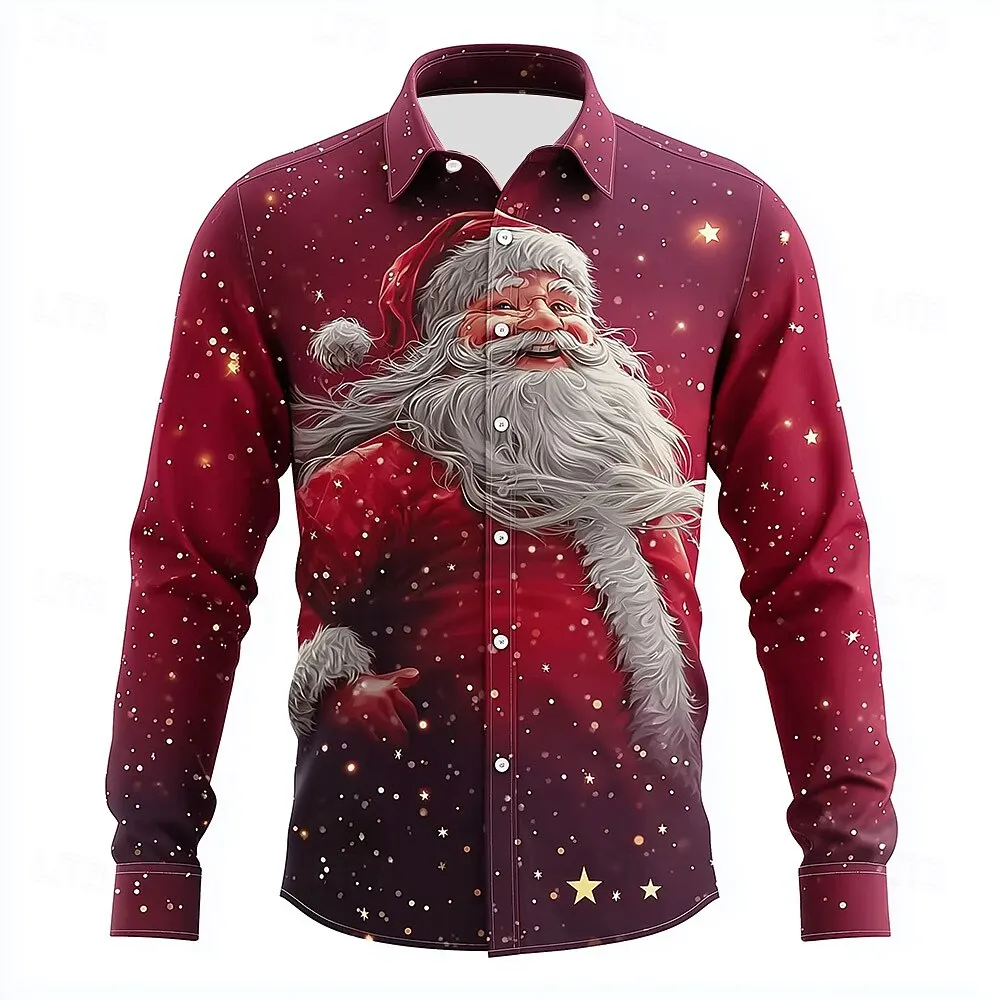 Men's 3D Graphic Long Sleeve,Street Style Fashion, Santa Claus Snowflake Funny Christmas Print Design,2025 Autumn Casual Shirt