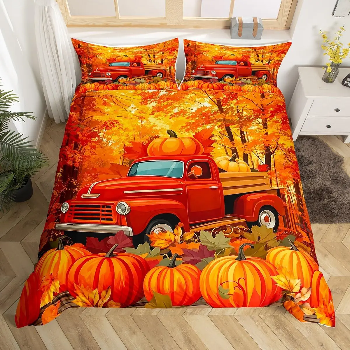 Fall Pumpkin Duvet Cover Set King Rustic Farmhouse Bedding Set Turkey Thanksgiving Decor Microfiber Maple Leaves Comforter Cover