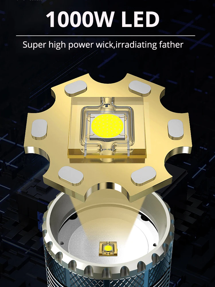 非常に明るい戦術懐中電灯,1000W,12000000lm,ハイパワー,18650バッテリー,緊急ドライバー,防水