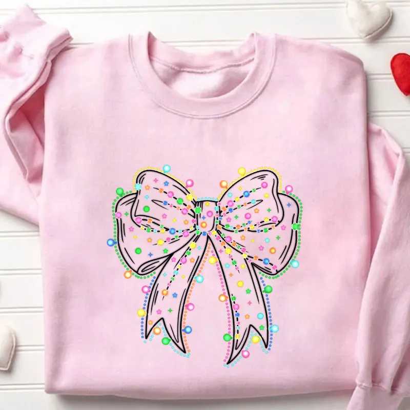 Christmas Lights Coquette Bow Print Sweatshirt Women Harajuku Casual Loose Sweatshirts Fashion Soft Hoodies Autumn Warm Clothes