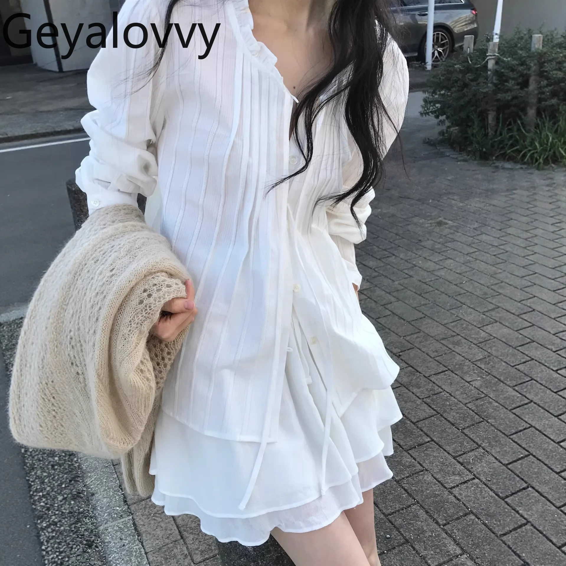 

Sc Korean Style Women's Clothing Spring Autumn New Arrival Ruffle Collar Pleated Long Sleeve Shirt + Double Layer Skirt Set