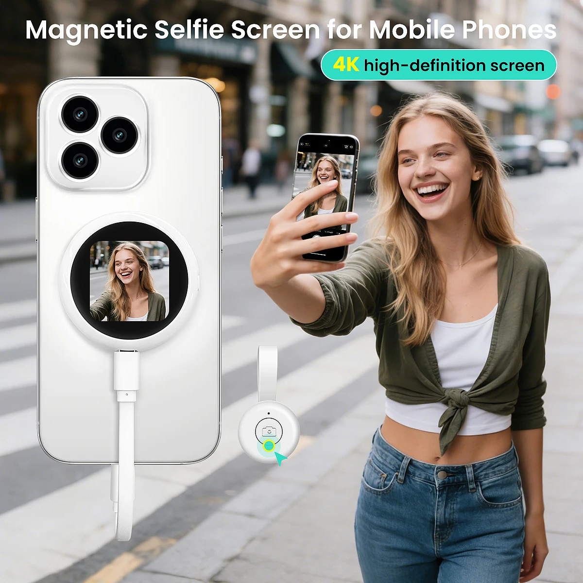 Moniteur Selfie 4K pour Téléphone Portable, Écran Magnétique pour Caméra Arrière, Idéal pour Vlog sur iPhone, Moniteur Léger Plug-and-Play pour Voyage/Amis