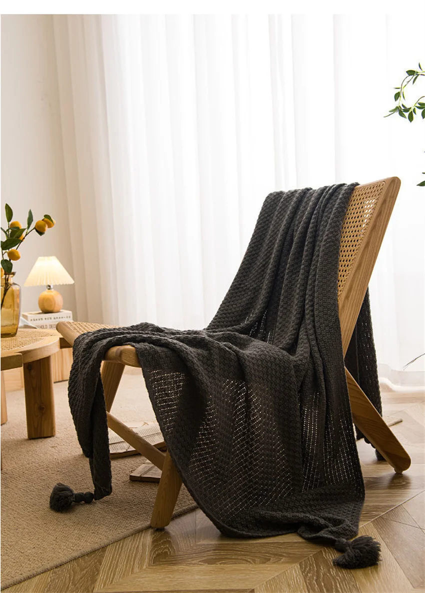 Nordische Decken für Bett, Sofa, Couch, grob gestrickte Tagesdecke, gestrickte Überwurfdecke mit Quaste, einfarbige Waffel-geprägte Decke – Detail 19