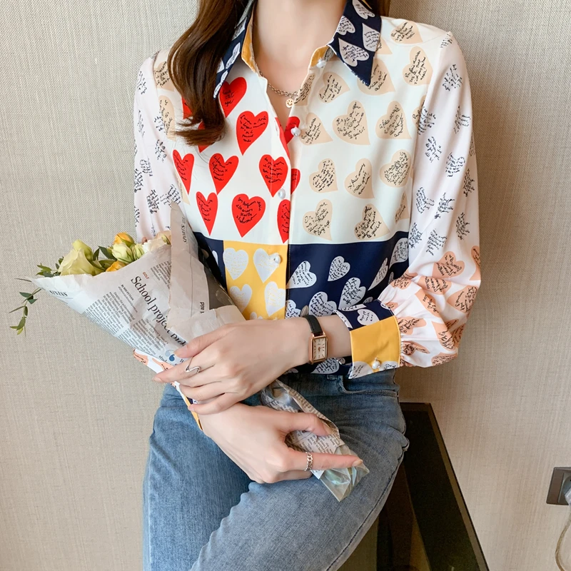 2024 Casual Autumn Patchwork Color Blouse For Women Luxury Fashion Heart Long Sleeve Shape Shirts Woman Elegant Top Female Mq203